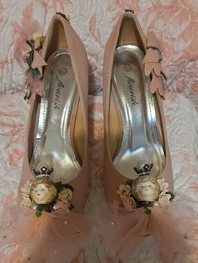 Women's Pink Embellished Dress Heels with Decorative Doll Accent